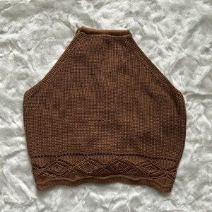 Crochet Brown Ribbed Crop Halter Top